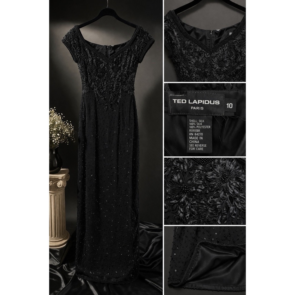 Vintage Ted Lapidus Paris Black Beaded 100% Silk Evening Dress Size 10 Formal